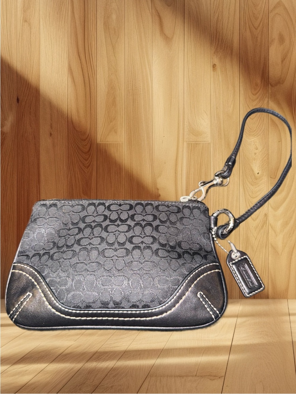 Coach Black Signature Jacquard Wristlet with Leather Trim